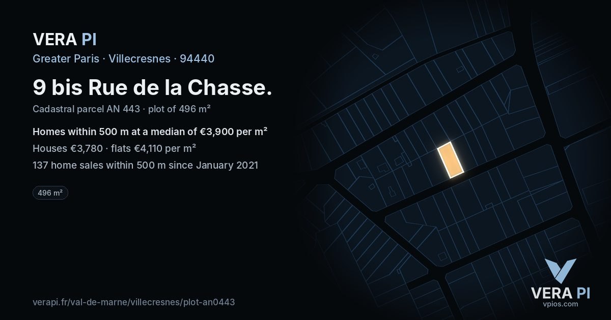 9 bis Rue de la Chasse, Villecresnes at night – the plot lit, the parcels around coloured by the prices near them