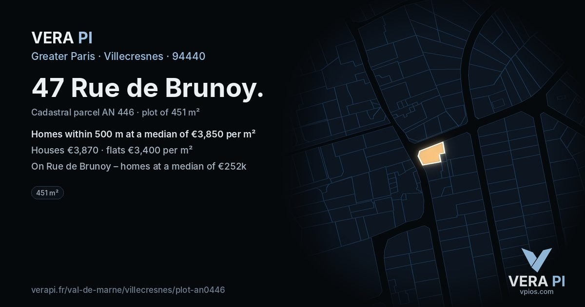 47 Rue de Brunoy, Villecresnes at night – the plot lit, the parcels around coloured by the prices near them