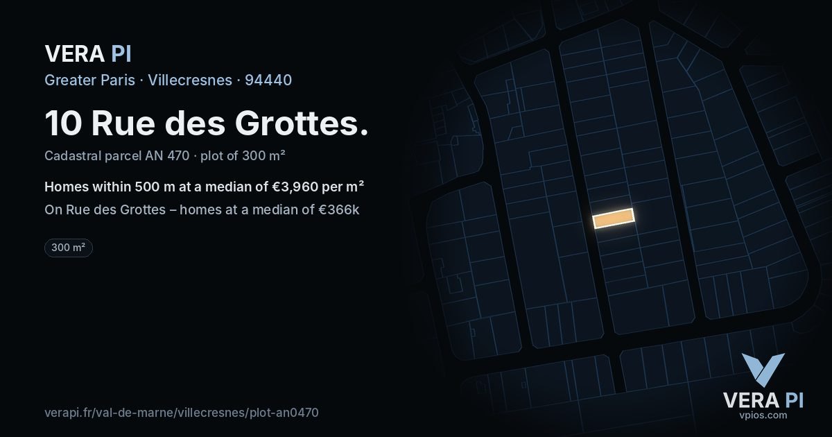 10 Rue des Grottes, Villecresnes at night – the plot lit, the parcels around coloured by the prices near them