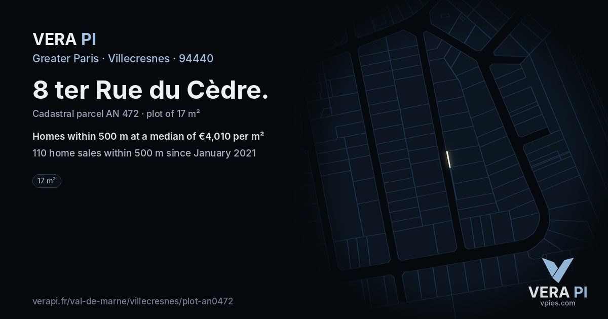 8 ter Rue du Cèdre, Villecresnes at night – the plot lit, the parcels around coloured by the prices near them