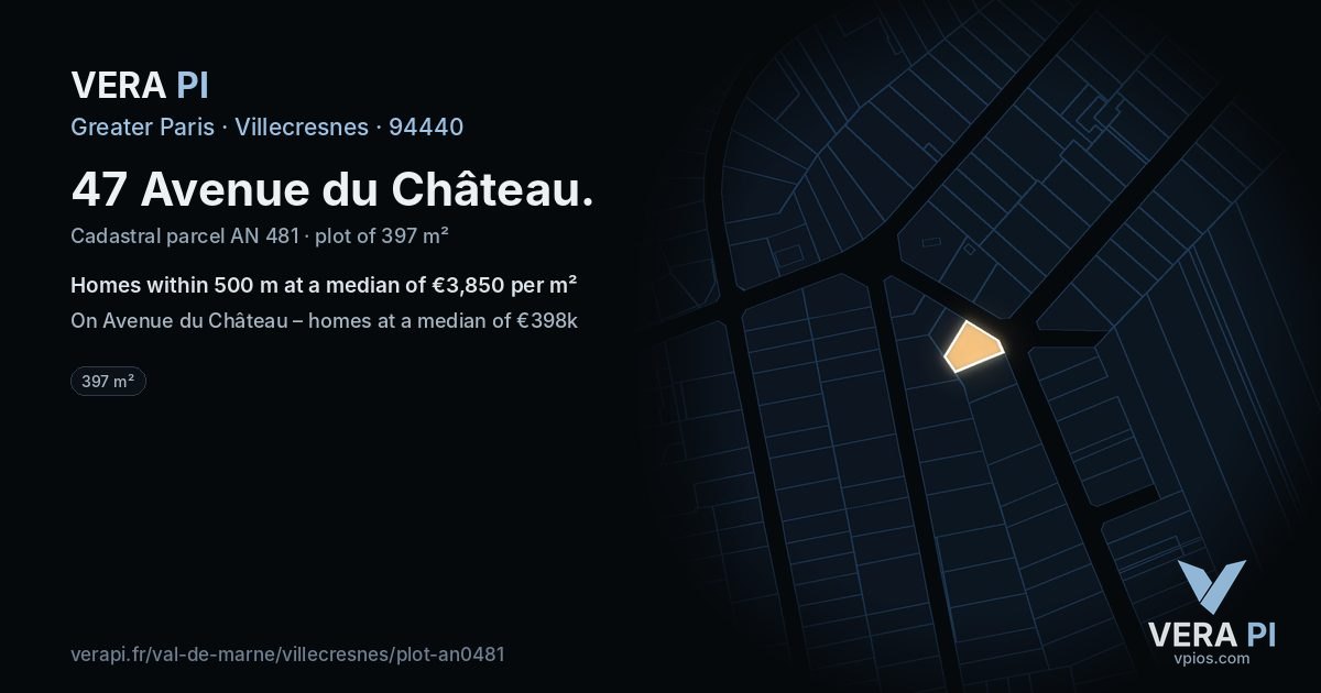 47 Avenue du Château, Villecresnes at night – the plot lit, the parcels around coloured by the prices near them