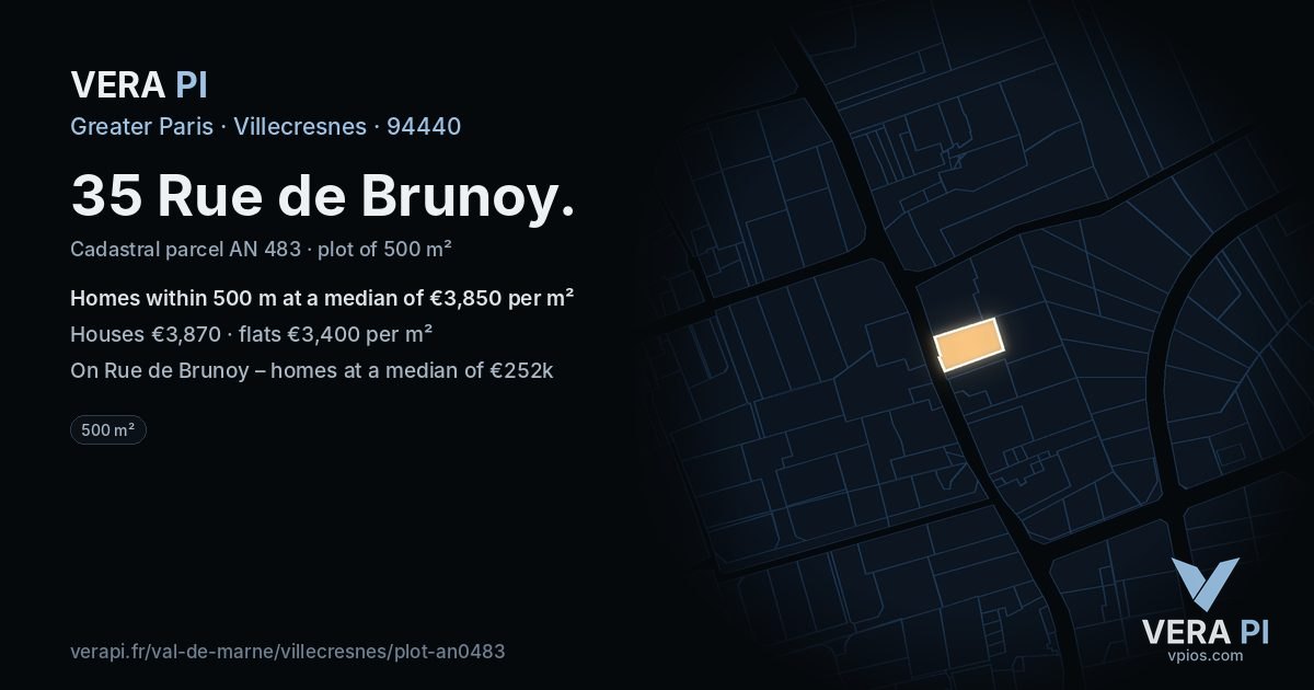 35 Rue de Brunoy, Villecresnes at night – the plot lit, the parcels around coloured by the prices near them