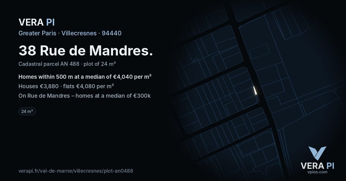 38 Rue de Mandres, Villecresnes at night – the plot lit, the parcels around coloured by the prices near them