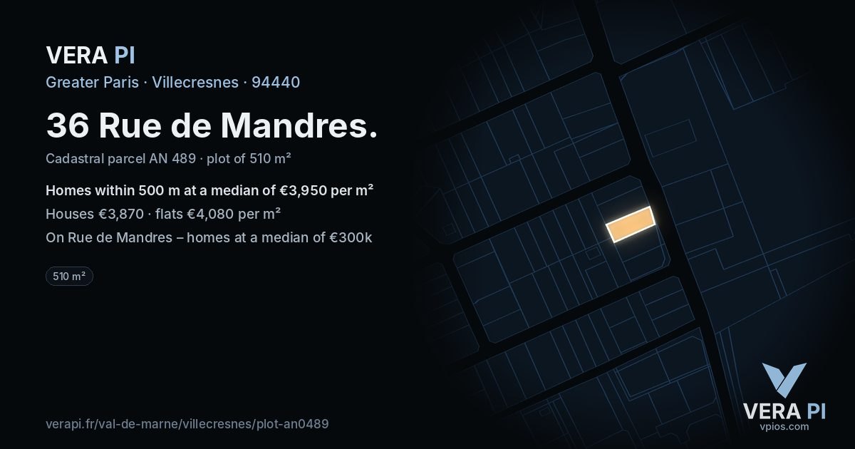 36 Rue de Mandres, Villecresnes at night – the plot lit, the parcels around coloured by the prices near them