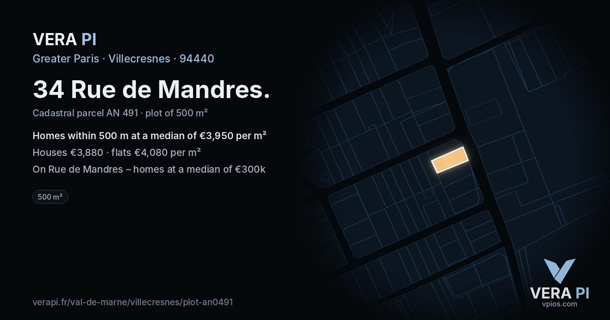 34 Rue de Mandres, Villecresnes at night – the plot lit, the parcels around coloured by the prices near them