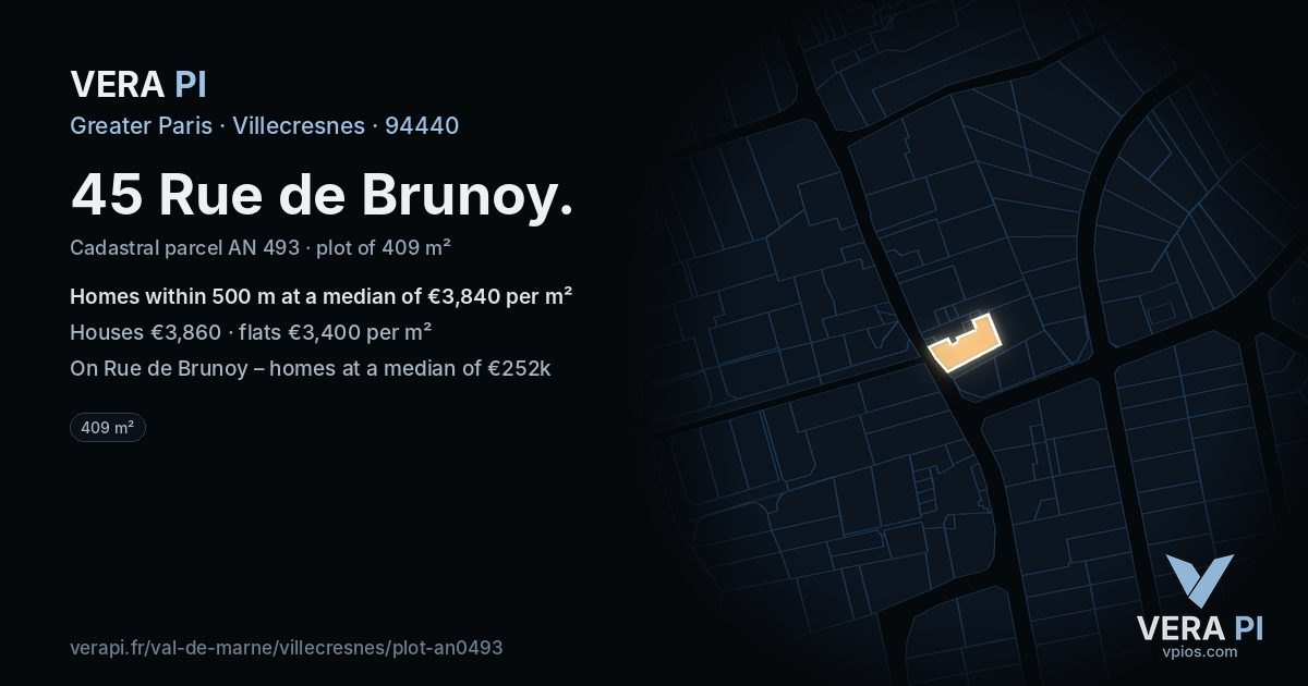 45 Rue de Brunoy, Villecresnes at night – the plot lit, the parcels around coloured by the prices near them