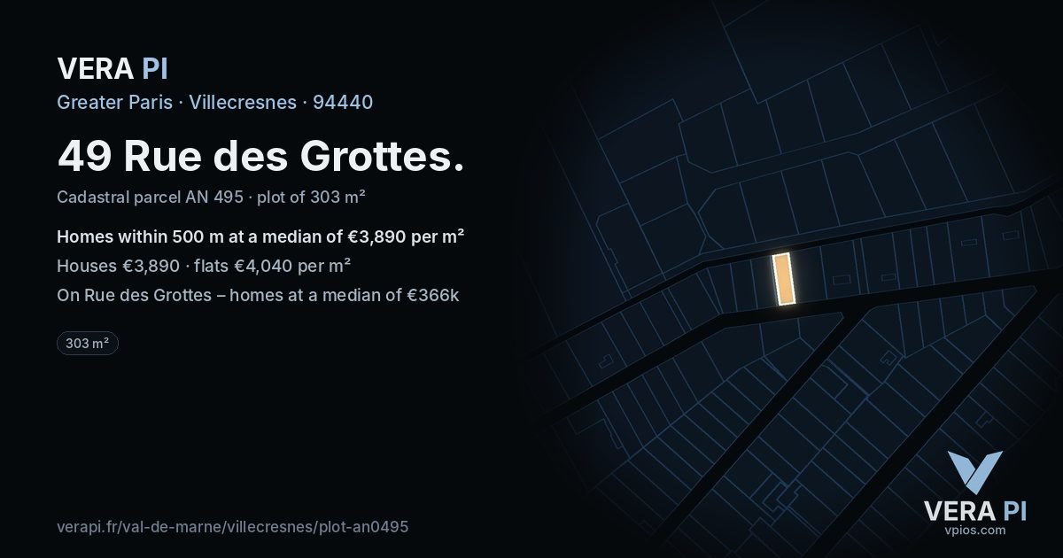 49 Rue des Grottes, Villecresnes at night – the plot lit, the parcels around coloured by the prices near them