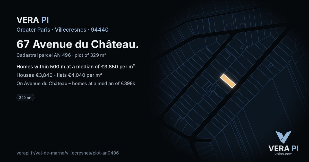 67 Avenue du Château, Villecresnes at night – the plot lit, the parcels around coloured by the prices near them