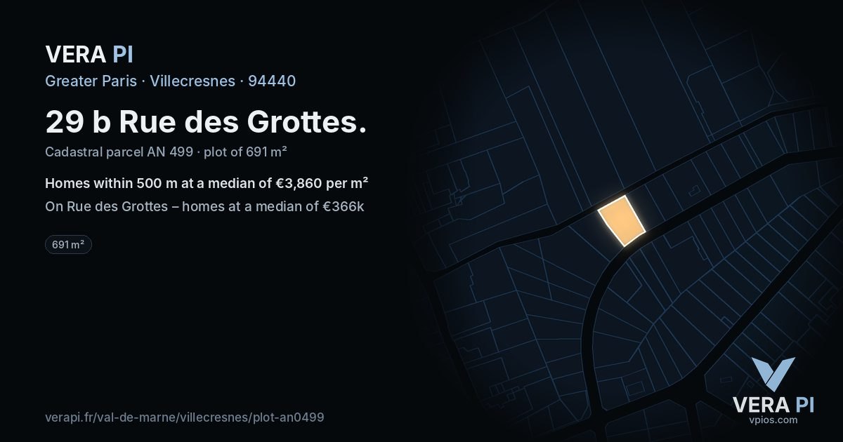 29 b Rue des Grottes, Villecresnes at night – the plot lit, the parcels around coloured by the prices near them