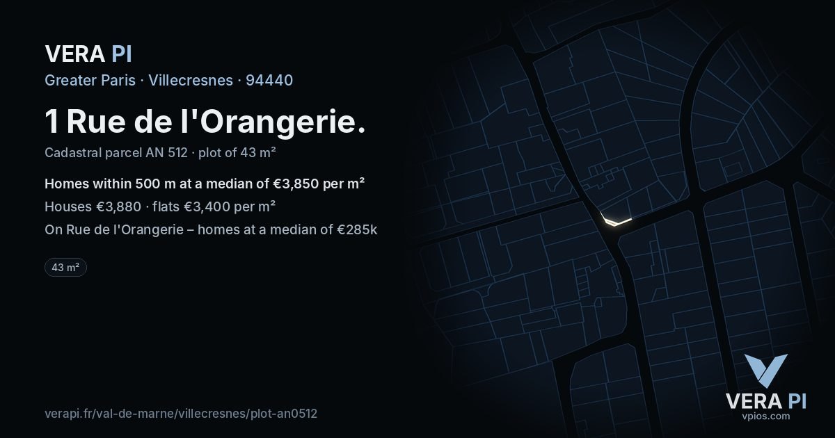 1 Rue de l'Orangerie, Villecresnes at night – the plot lit, the parcels around coloured by the prices near them