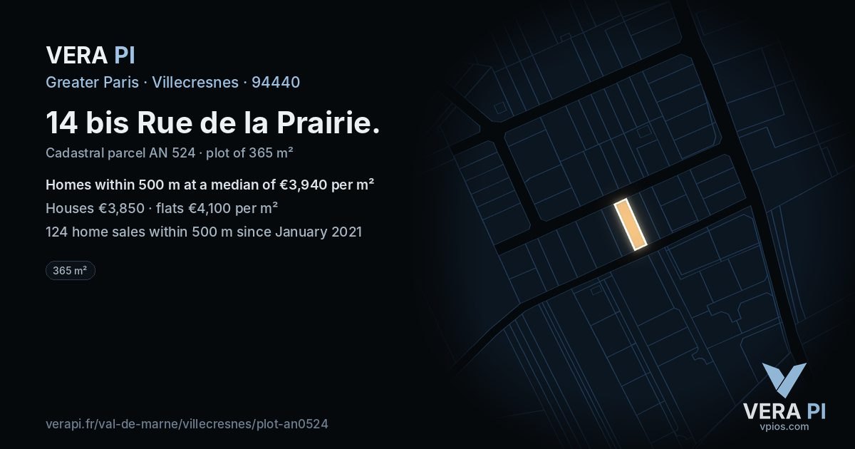14 bis Rue de la Prairie, Villecresnes at night – the plot lit, the parcels around coloured by the prices near them
