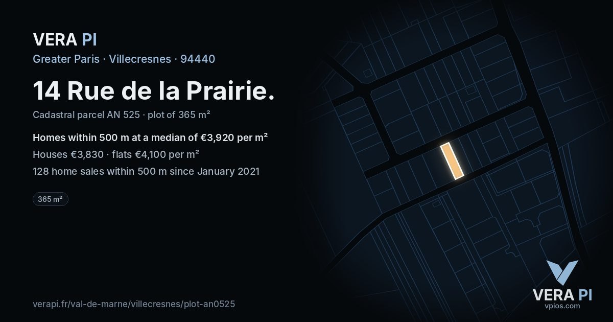 14 Rue de la Prairie, Villecresnes at night – the plot lit, the parcels around coloured by the prices near them