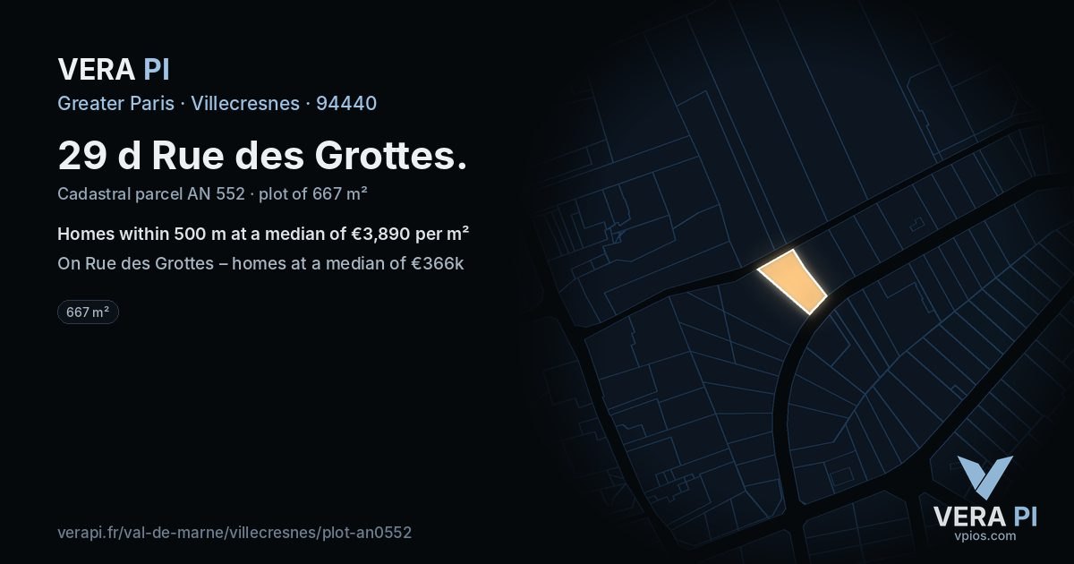 29 d Rue des Grottes, Villecresnes at night – the plot lit, the parcels around coloured by the prices near them
