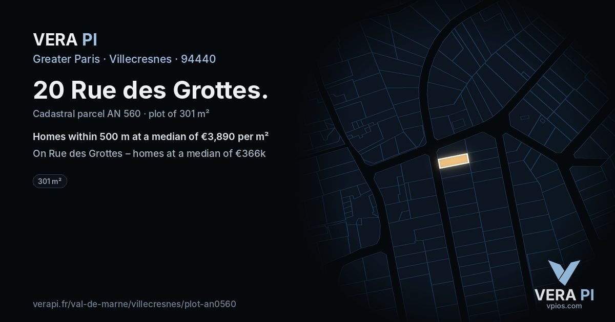 20 Rue des Grottes, Villecresnes at night – the plot lit, the parcels around coloured by the prices near them