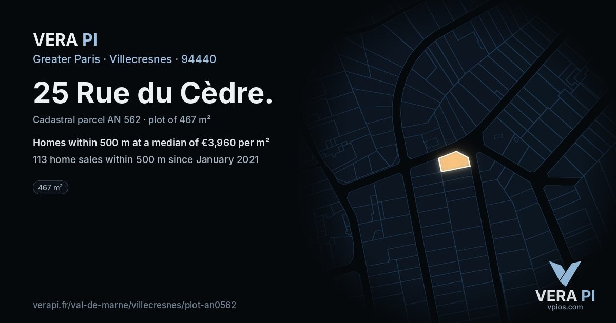 25 Rue du Cèdre, Villecresnes at night – the plot lit, the parcels around coloured by the prices near them