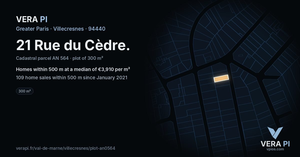 21 Rue du Cèdre, Villecresnes at night – the plot lit, the parcels around coloured by the prices near them