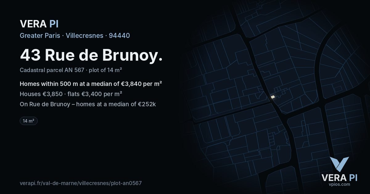 43 Rue de Brunoy, Villecresnes at night – the plot lit, the parcels around coloured by the prices near them