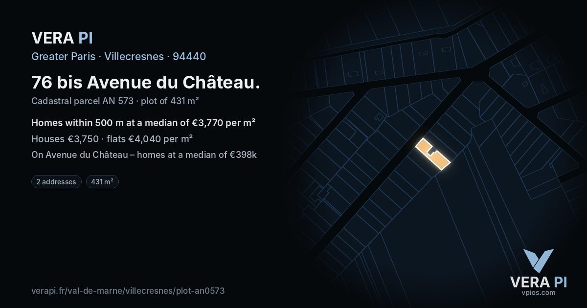 76 bis Avenue du Château, Villecresnes at night – the plot lit, the parcels around coloured by the prices near them