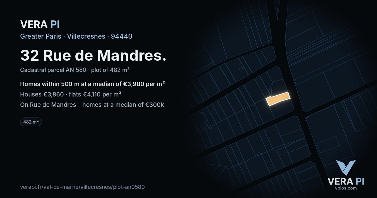 32 Rue de Mandres, Villecresnes at night – the plot lit, the parcels around coloured by the prices near them