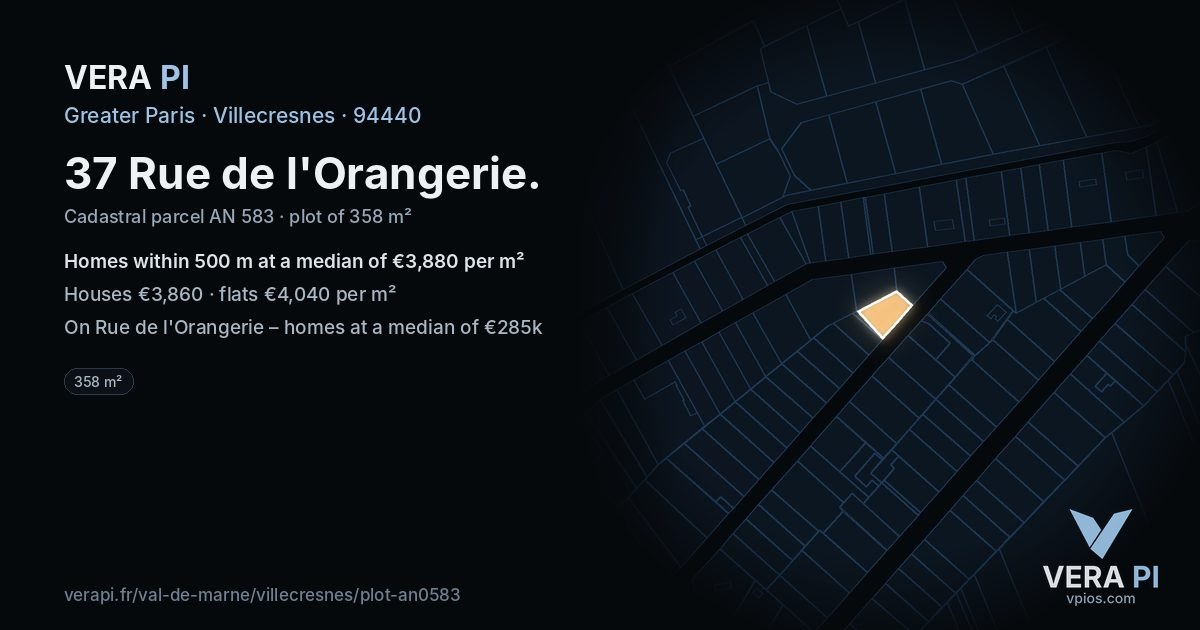 37 Rue de l'Orangerie, Villecresnes at night – the plot lit, the parcels around coloured by the prices near them