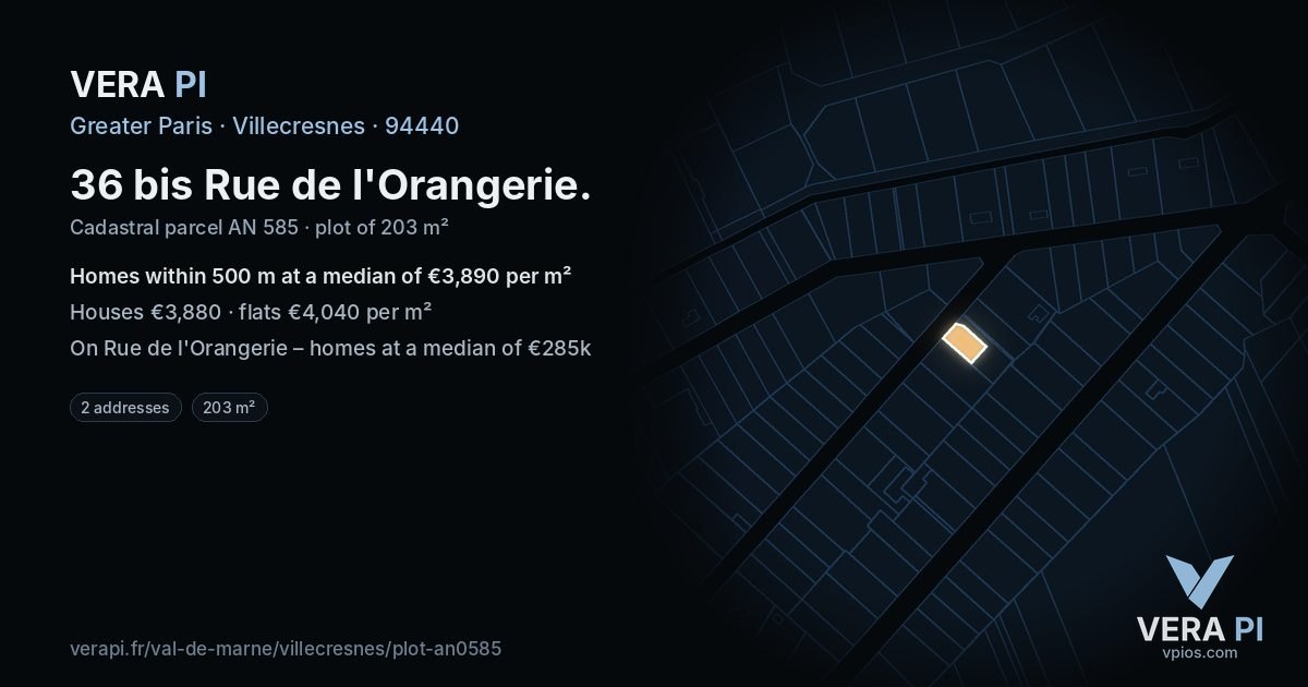36 bis Rue de l'Orangerie, Villecresnes at night – the plot lit, the parcels around coloured by the prices near them