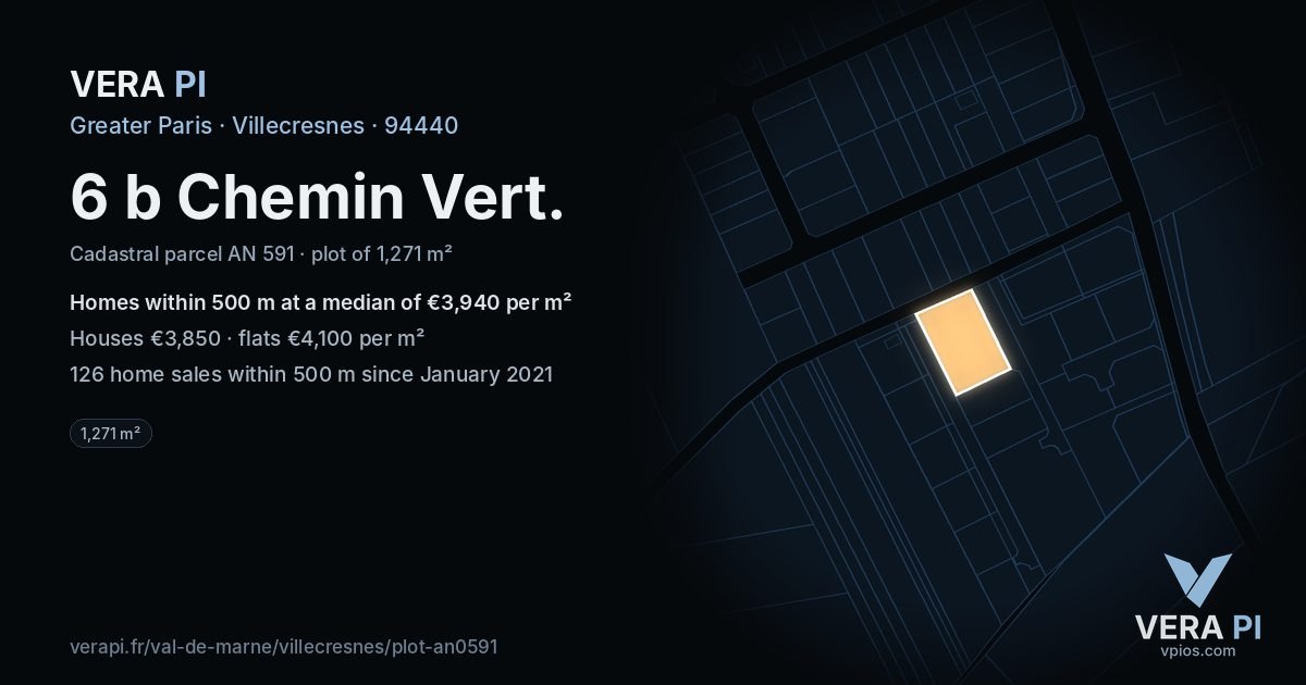 6 b Chemin Vert, Villecresnes at night – the plot lit, the parcels around coloured by the prices near them