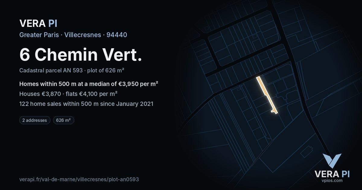 6 Chemin Vert, Villecresnes at night – the plot lit, the parcels around coloured by the prices near them