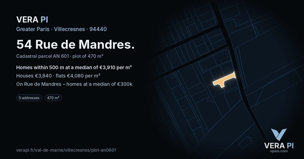 54 Rue de Mandres, Villecresnes at night – the plot lit, the parcels around coloured by the prices near them