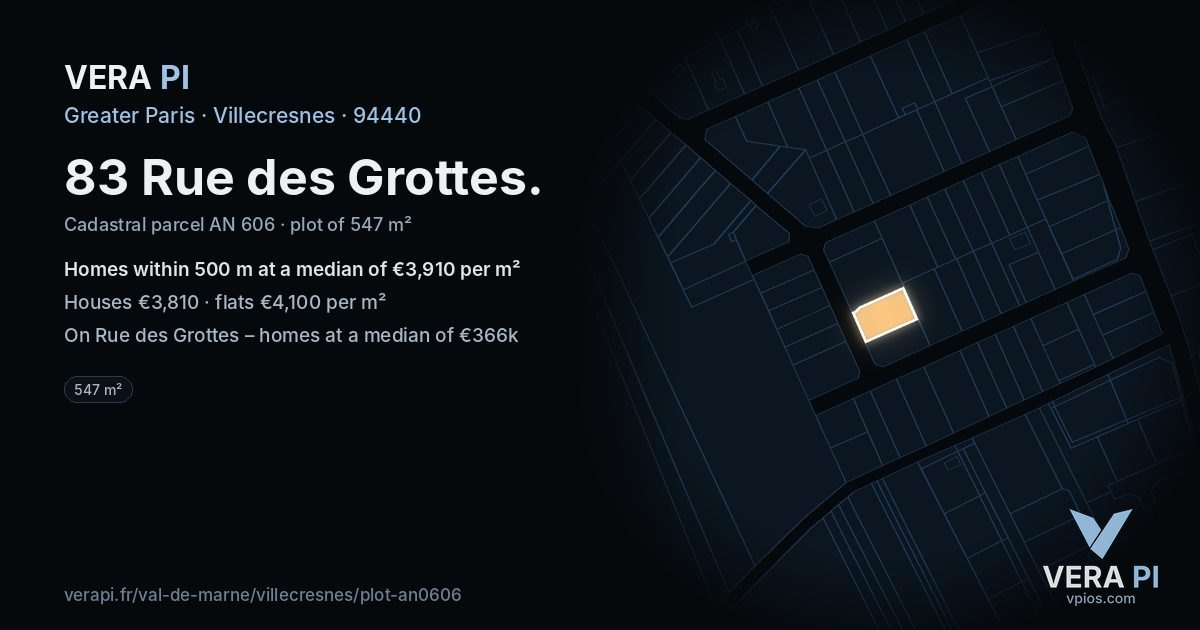 83 Rue des Grottes, Villecresnes at night – the plot lit, the parcels around coloured by the prices near them
