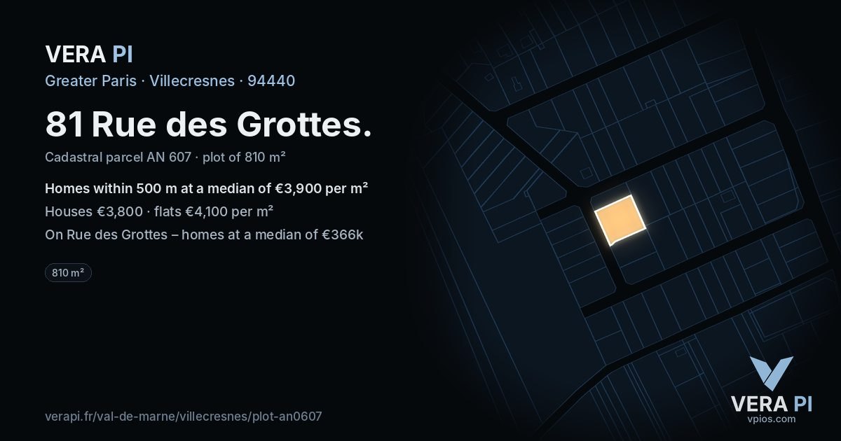 81 Rue des Grottes, Villecresnes at night – the plot lit, the parcels around coloured by the prices near them