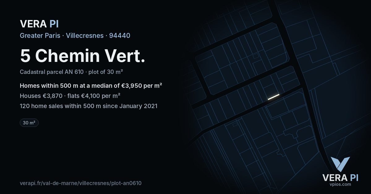 5 Chemin Vert, Villecresnes at night – the plot lit, the parcels around coloured by the prices near them