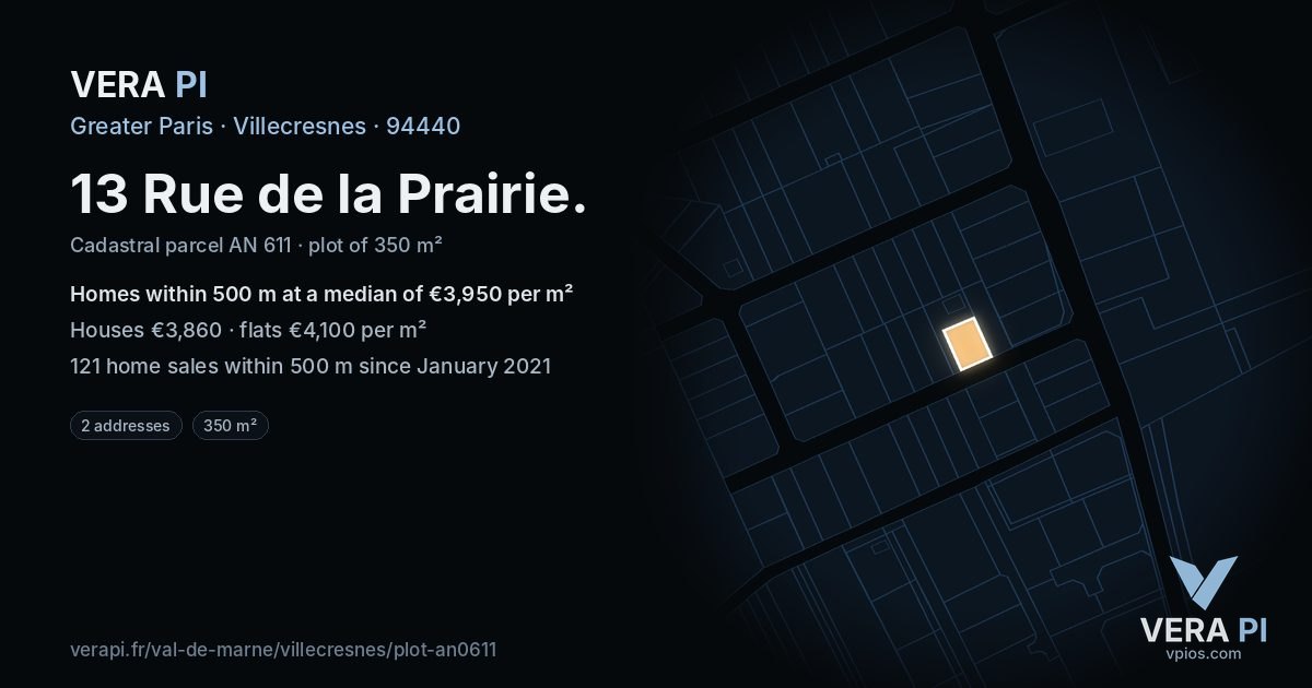 13 Rue de la Prairie, Villecresnes at night – the plot lit, the parcels around coloured by the prices near them