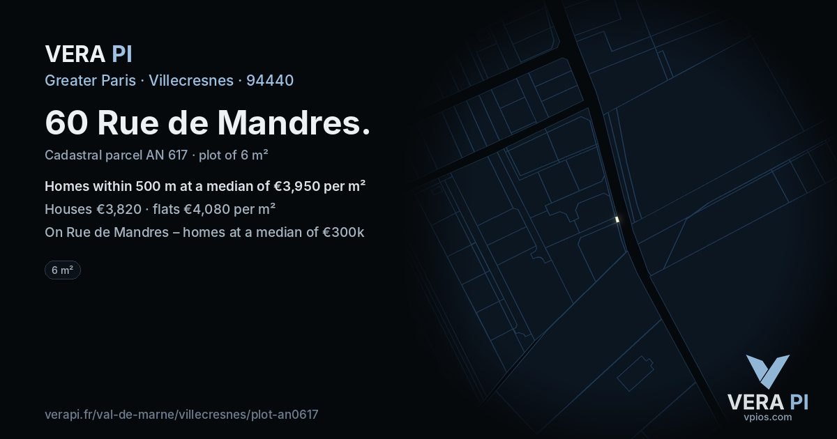 60 Rue de Mandres, Villecresnes at night – the plot lit, the parcels around coloured by the prices near them