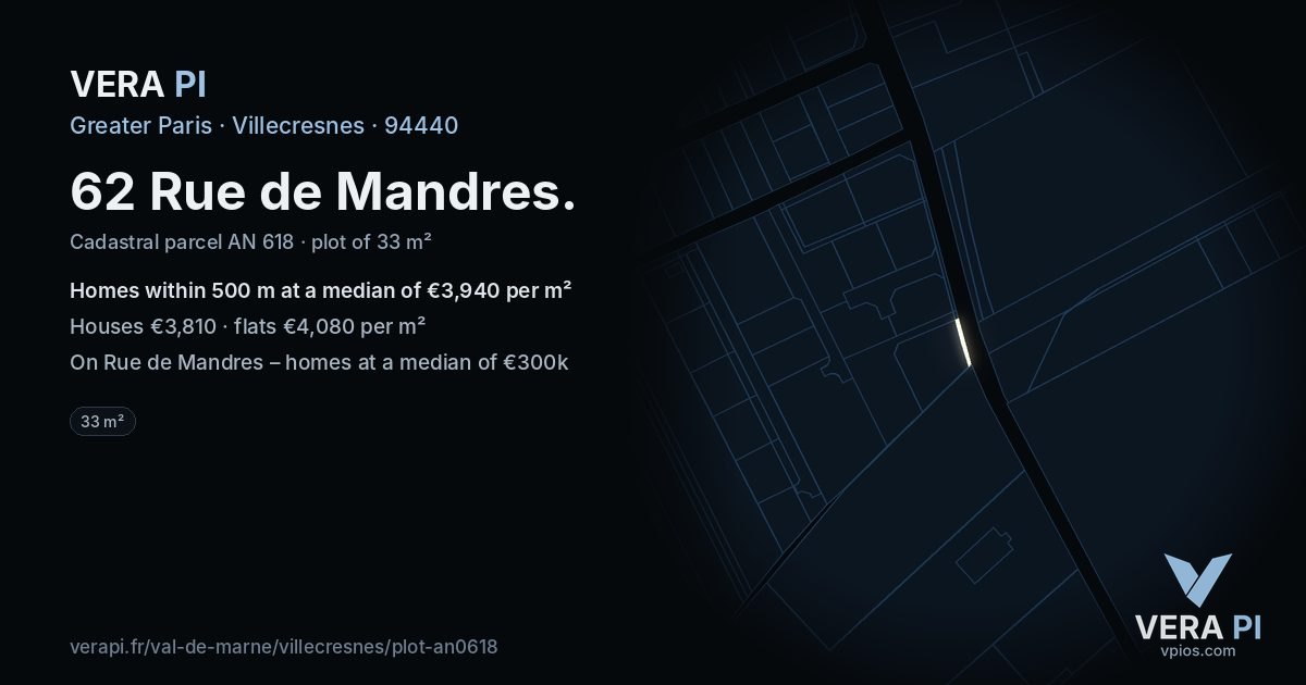 62 Rue de Mandres, Villecresnes at night – the plot lit, the parcels around coloured by the prices near them