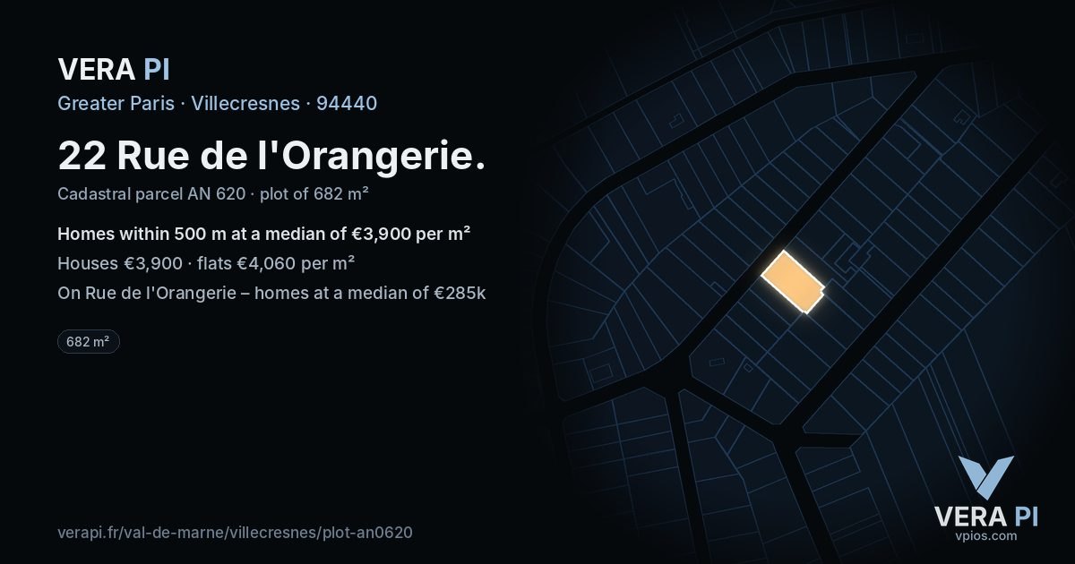 22 Rue de l'Orangerie, Villecresnes at night – the plot lit, the parcels around coloured by the prices near them