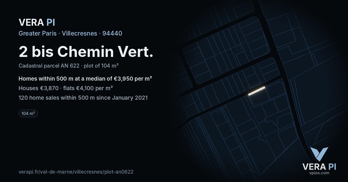 2 bis Chemin Vert, Villecresnes at night – the plot lit, the parcels around coloured by the prices near them