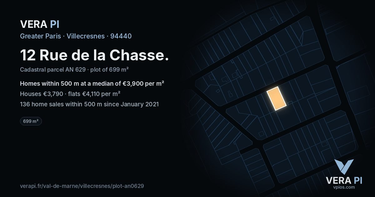 12 Rue de la Chasse, Villecresnes at night – the plot lit, the parcels around coloured by the prices near them