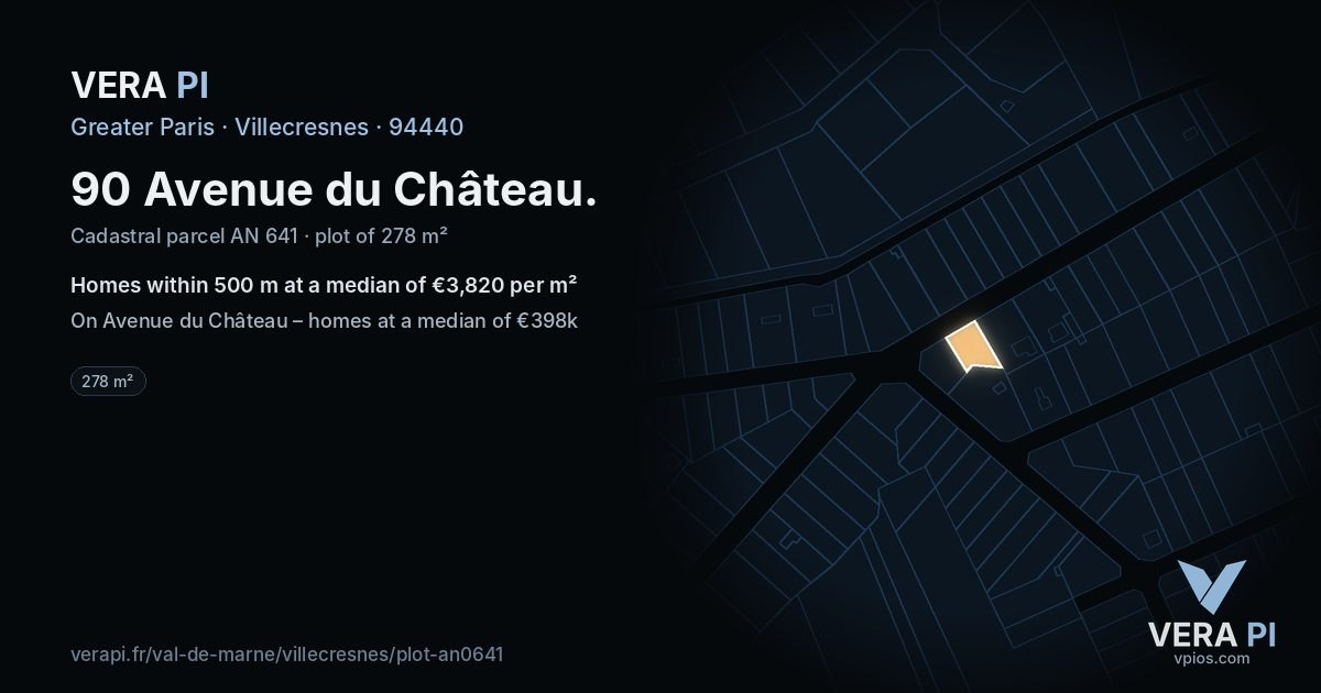 90 Avenue du Château, Villecresnes at night – the plot lit, the parcels around coloured by the prices near them