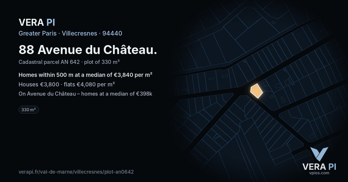 88 Avenue du Château, Villecresnes at night – the plot lit, the parcels around coloured by the prices near them