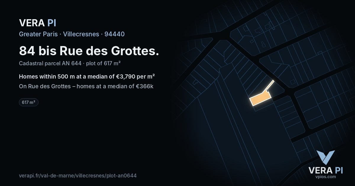 84 bis Rue des Grottes, Villecresnes at night – the plot lit, the parcels around coloured by the prices near them