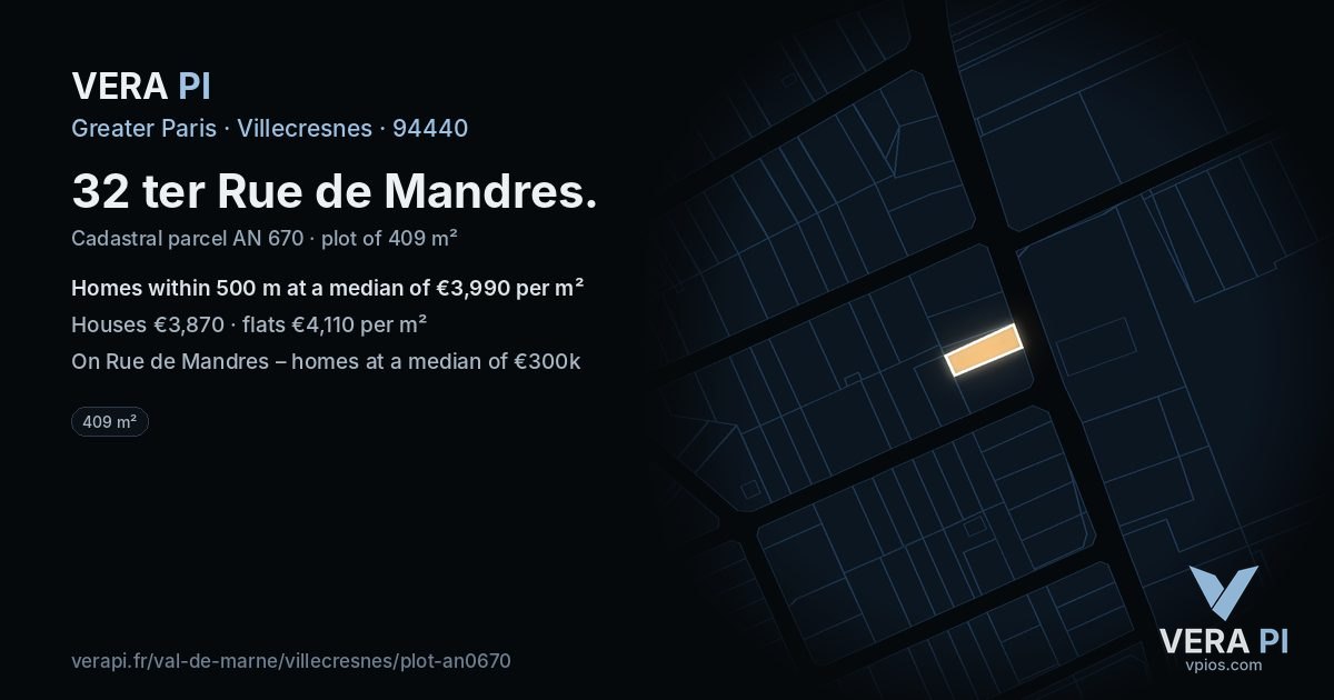 32 ter Rue de Mandres, Villecresnes at night – the plot lit, the parcels around coloured by the prices near them