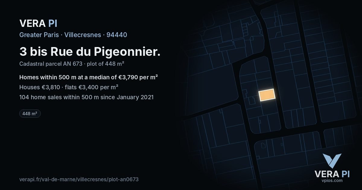 3 bis Rue du Pigeonnier, Villecresnes at night – the plot lit, the parcels around coloured by the prices near them