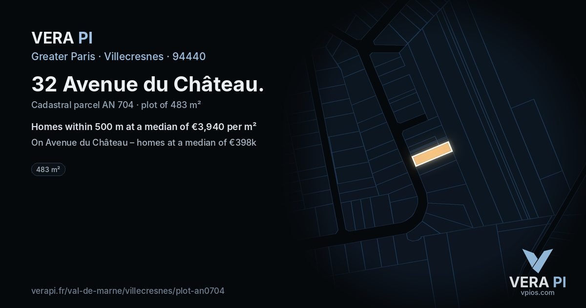 32 Avenue du Château, Villecresnes at night – the plot lit, the parcels around coloured by the prices near them