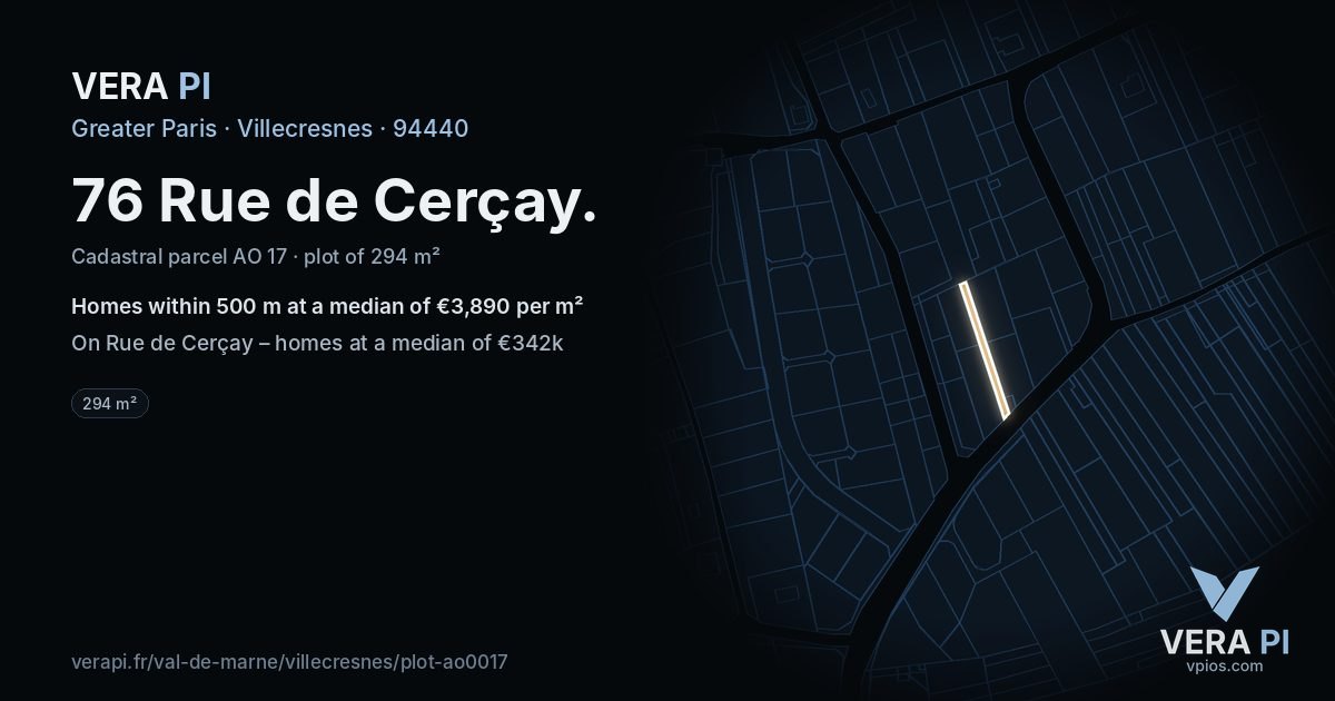 76 Rue de Cerçay, Villecresnes at night – the plot lit, the parcels around coloured by the prices near them
