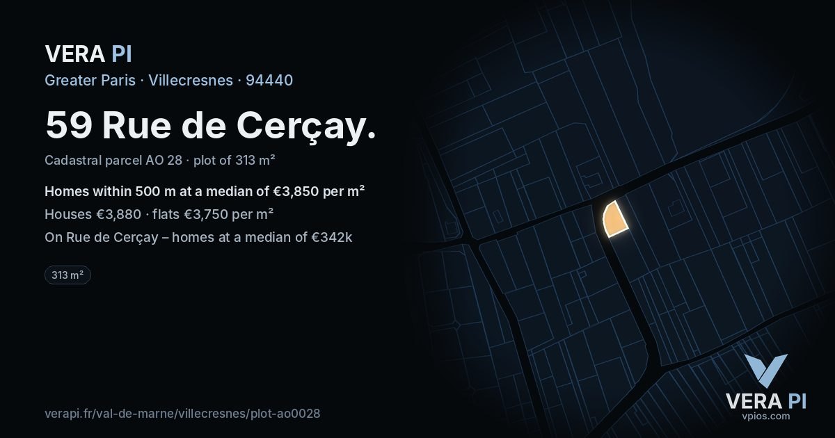 59 Rue de Cerçay, Villecresnes at night – the plot lit, the parcels around coloured by the prices near them