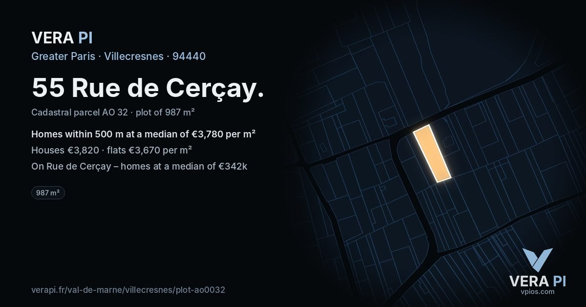 55 Rue de Cerçay, Villecresnes at night – the plot lit, the parcels around coloured by the prices near them