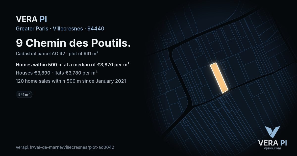 9 Chemin des Poutils, Villecresnes at night – the plot lit, the parcels around coloured by the prices near them