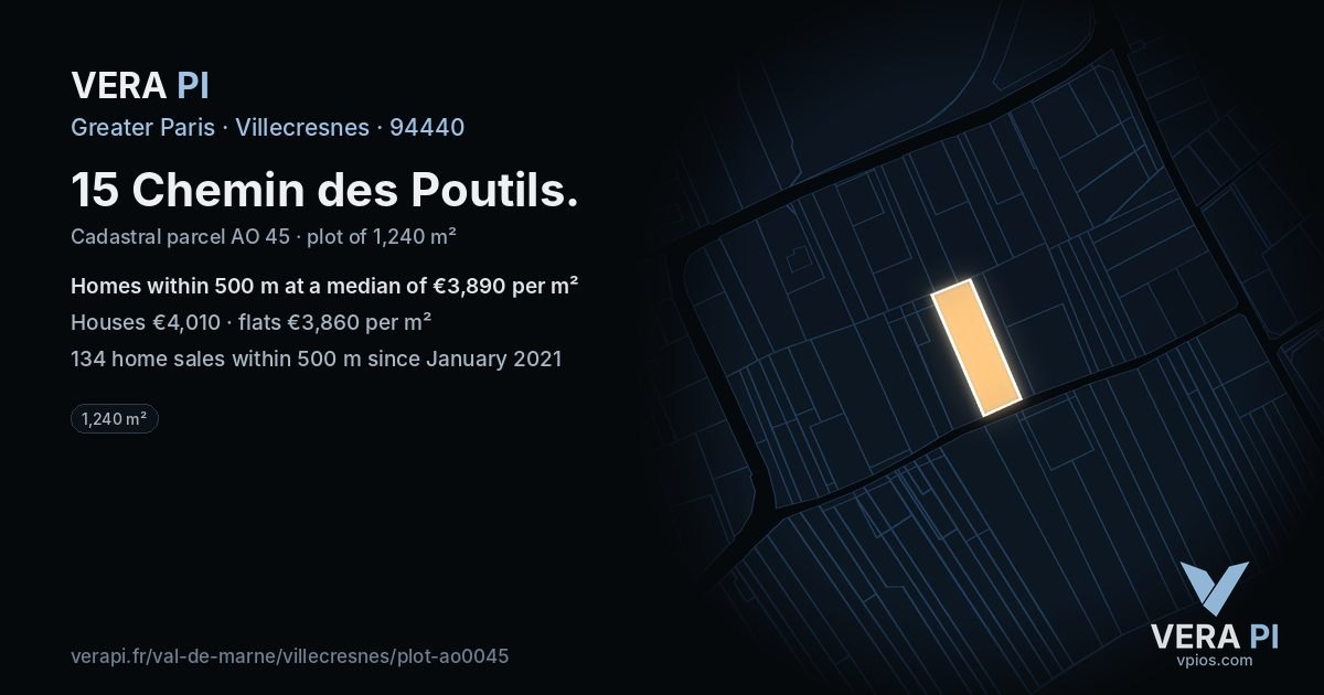 15 Chemin des Poutils, Villecresnes at night – the plot lit, the parcels around coloured by the prices near them