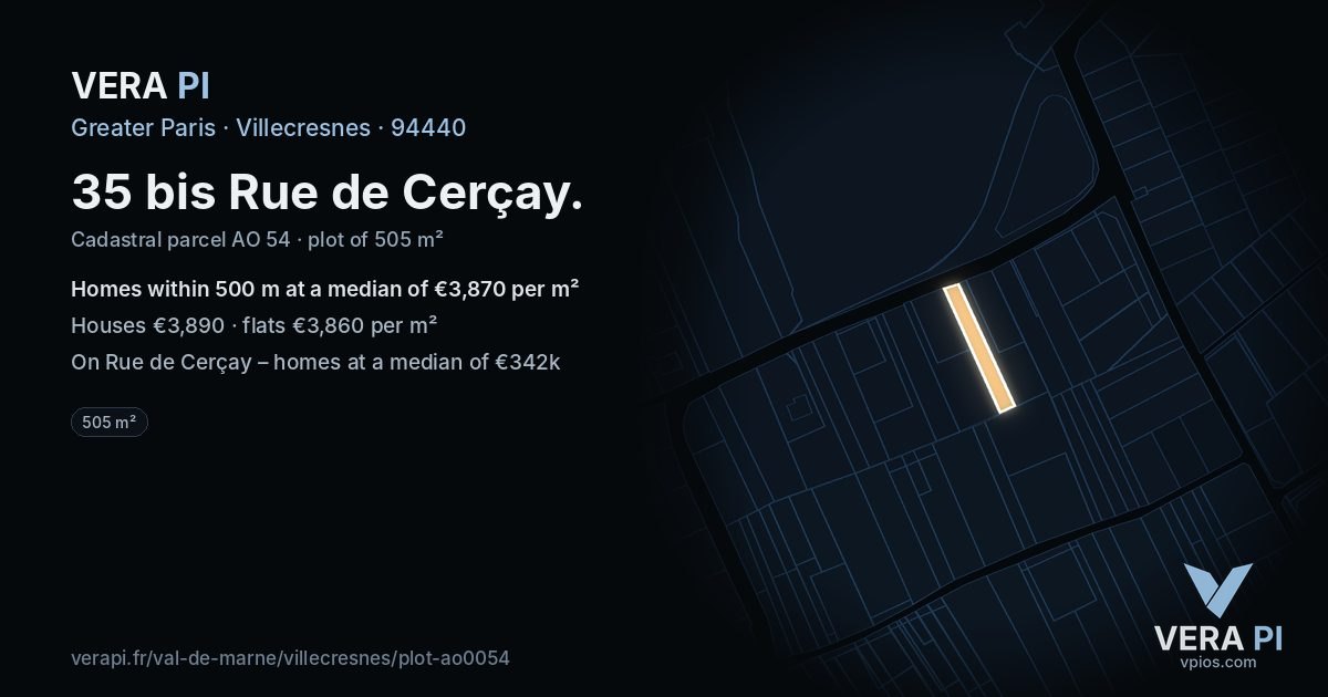 35 bis Rue de Cerçay, Villecresnes at night – the plot lit, the parcels around coloured by the prices near them