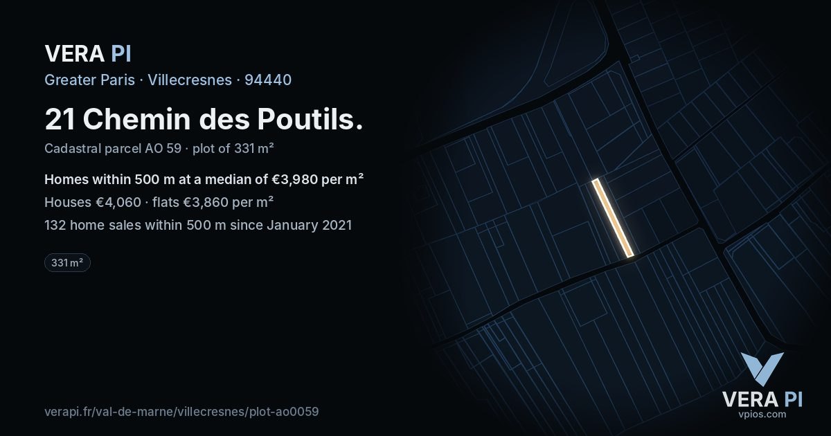 21 Chemin des Poutils, Villecresnes at night – the plot lit, the parcels around coloured by the prices near them